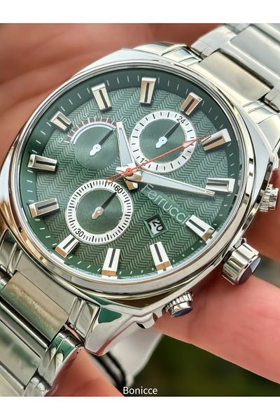 Ferrucci Brand Silver Color Steel Cord Green Dial Men Wristwatch Rosary Bracelet