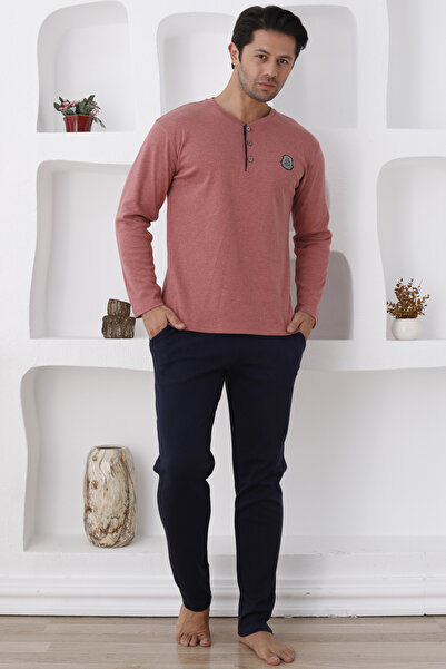 ERDENİZ TEKSTİL Men's Pajama Set with Long Sleeve Buttons and Pockets - Cuffless Sleeve and Leg - Fall/Winter Season