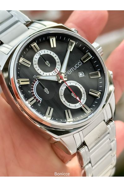 Ferrucci Brand Silver Color Steel Band Black Dial Men Wristwatch Rosary Bracelet
