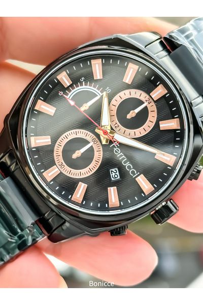 Ferrucci Brand Black Color Steel Band Black Dial Men Wrist Watch Rosary Bracelet