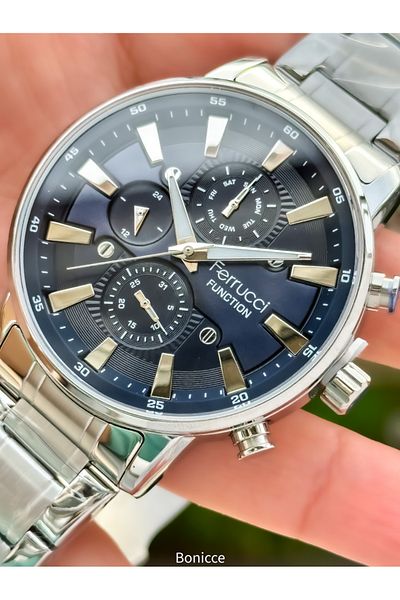 Ferrucci Brand Silver Color Steel Band Navy Blue Dial Men Wristwatch Rosary Bracelet