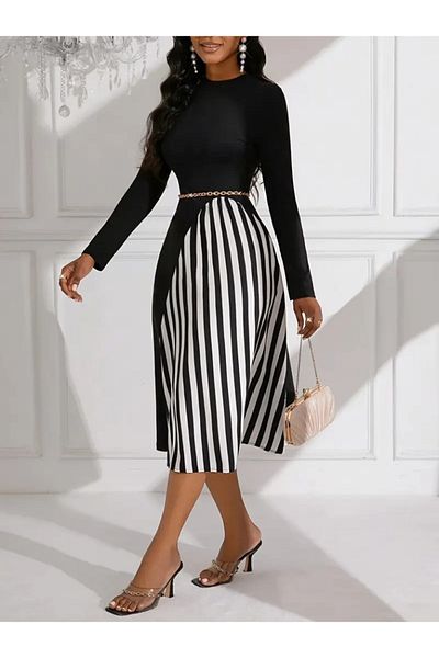 İpeksi Silky Women's Long Sleeve Turtleneck Stripe Detail Diver Dress