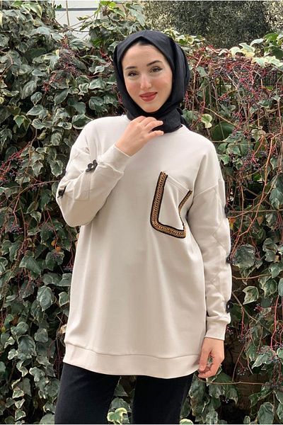Moda Rosa 25K4446 - Beige - Modal Embroidered Pocket Tunic