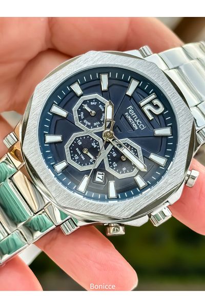 Ferrucci Brand Silver Color Steel Band Navy Blue Dial Men Wristwatch Rosary Bracelet