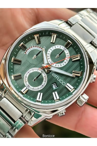 Ferrucci Brand Silver Color Steel Cord Green Dial Men Wristwatch Rosary Bracelet