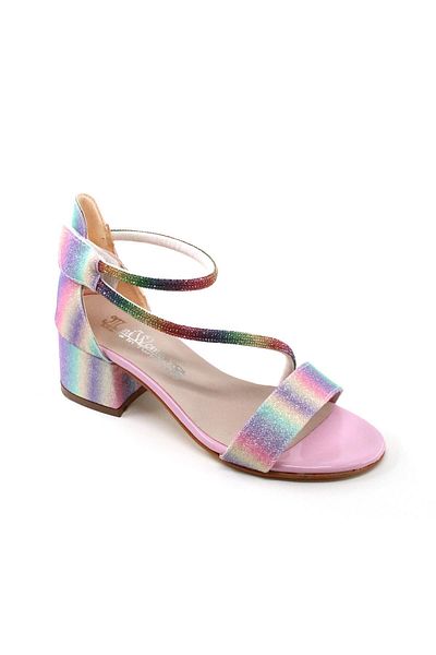 Pabuçland Stone Detailed Glittery Velcro Girls' Heeled Evening Dress Sandals Rainbow