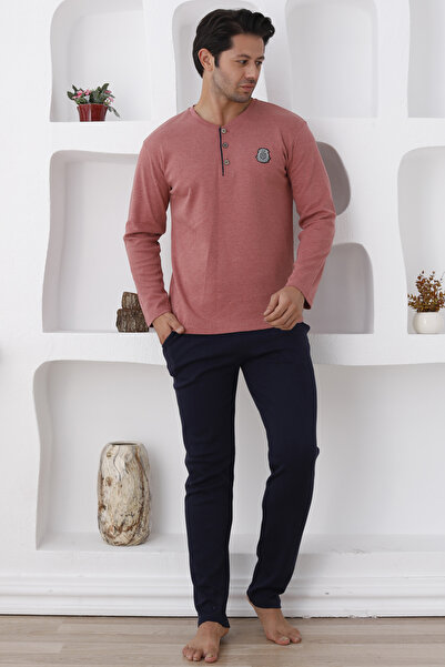 ERDENİZ TEKSTİL Men's Pajama Set with Long Sleeve Buttons and Pockets - Cuffless Sleeve and Leg - Fall/Winter Season
