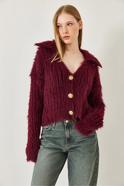 Bianco Lucci Women's Polo Neck Gold Buttoned Fur Look Cardigan 241131 60261299