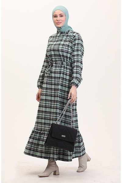 sefamerve Holzfäller-Stoffkleid mit Gürtel 0561-01 Grün