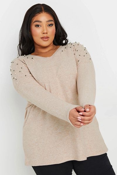Stil Diva Plus Size V Neck Long Sleeve Shoulder Beading Embroidered Sweater 322301