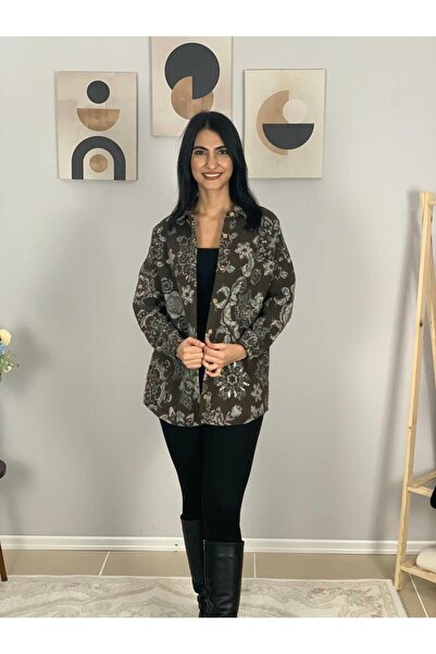 YusGos Women's Single Pocket Print Thick Lumberjack Jacket Shirt (Coffee)