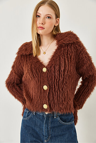 Bianco Lucci Women's Polo Neck Gold Buttoned Fur Look Cardigan 241131 60261299