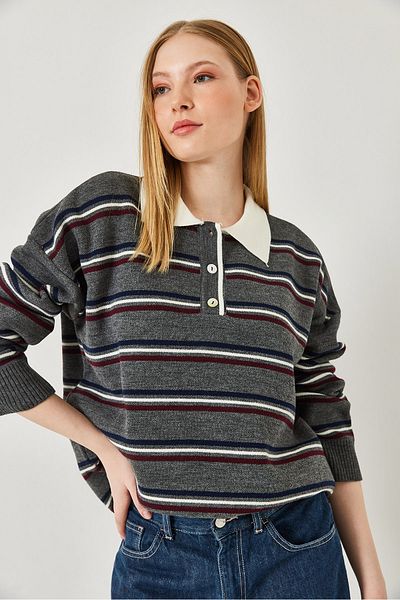 Bianco Lucci Pulover de damă cu guler polo cu nasturi în dungi 241247 60261287