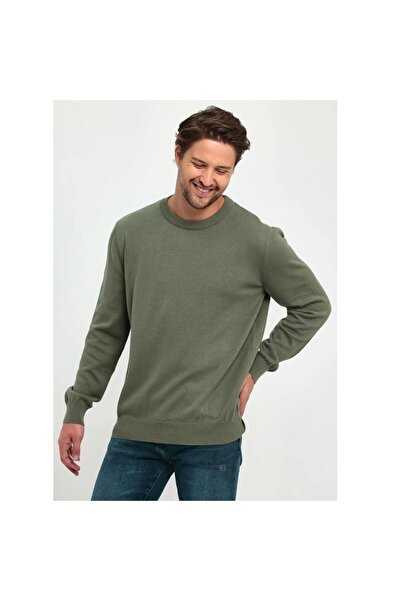 Lonca Tekstil Khaki Green Men's Regular Cut Crew Neck Basic Plain Knitwear Sweater