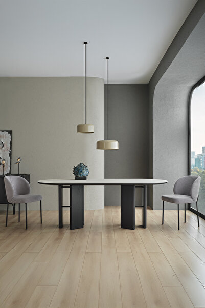 Enza Home Austin Elips Masa, Seramik Üst Yüzey - Koyu Meşe