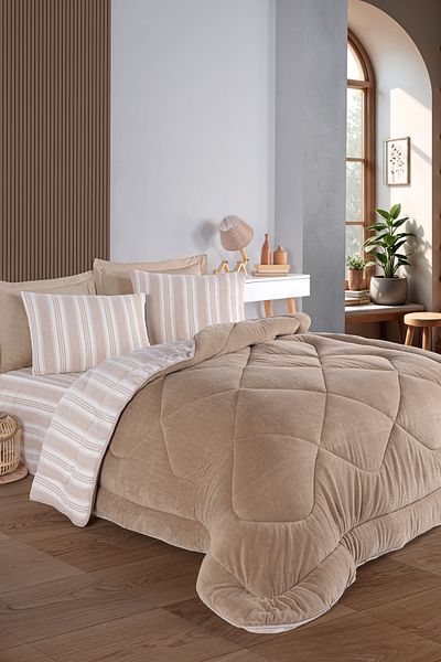 Eponj Home Σετ ύπνου 4 τεμαχίων Beige Soft Line - Διπλό, Αφράτο με Παπλωματάκια Wellsoft