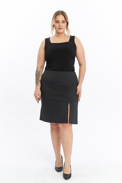 Seamoda Large Size Steel Interlock Slit Knitted Skirt-Anthracite