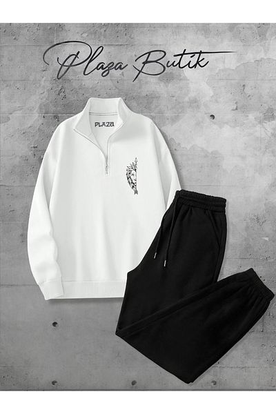 Plaza Butik Men's Half Zipper Sweatshirt Men's Lion Printed Bottom Top Tracksuit Set