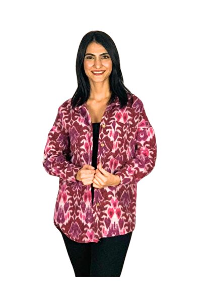 YusGos Women's Single Pocket Print Thick Lumberjack Jacket Shirt (Fuchsia)