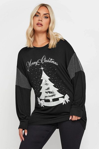 Stil Diva Plus Size Christmas Themed Crew Neck Long Balloon Sleeve Sweatshirt 285037