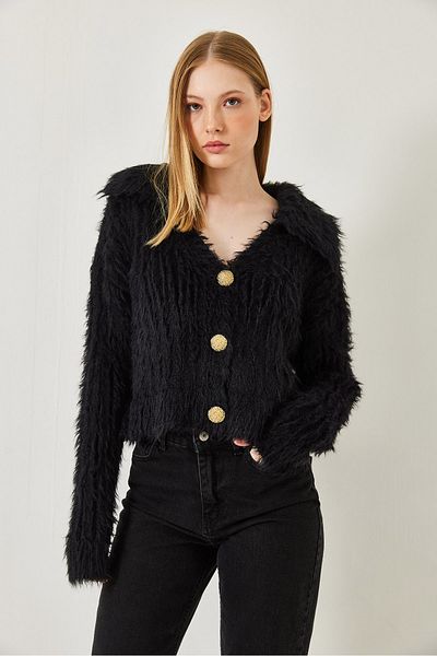 Bianco Lucci Women's Polo Neck Gold Buttoned Fur Look Cardigan 241131 60261299