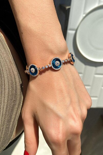 Spossy Silver Jewelry 925 Ayar Gümüş, Rose, 5li Büyük Nazar Cam Göz Bileklik,...