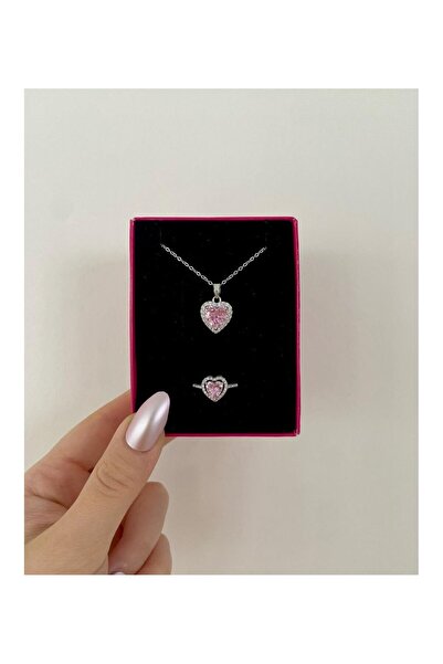 Le Manolia Accessories çelik kolye yüzük seti pembe zirkon taş çelik kolye seti