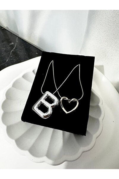 Le Manolia Accessories Kararmaz Çelik Balon B Harf Kolye Ve Çelik Düğüm Kalp Kolye Kararmaz Çelik Zincir Kombin Kolye