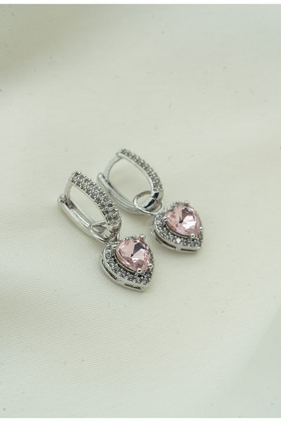 Le Manolia Accessories Pink and White Stone Silver Color Zircon Heart Earring with Detailed Zircon Stone Workmanship