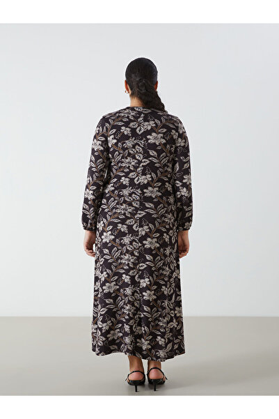 LC Waikiki Brown Crew Neck Patterned Dress