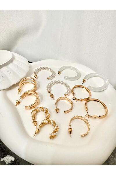 Le Manolia Accessories çoklu incili ve halka küpeli kombin küpe seti inci küp...