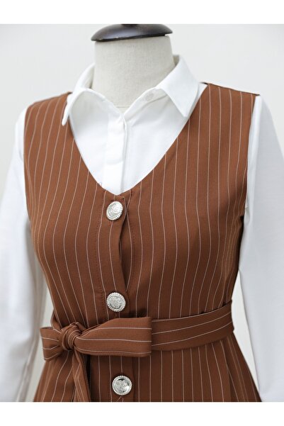 Modamorfo Ριγέ κοστούμι με κορδόνια με κουμπιά - Καφέ