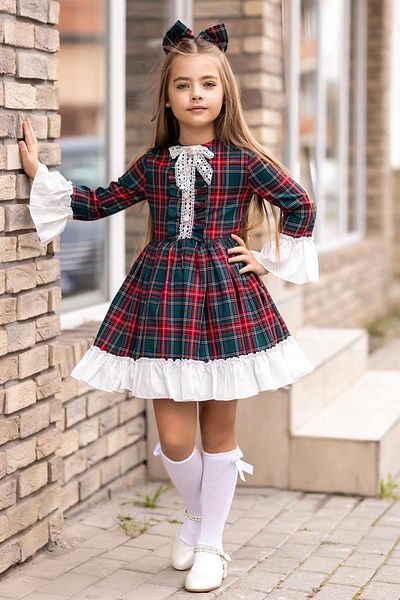 Riccotarz Girl's Colorful Plaid Print Collar Ribbon Hem Ruffled Green Dress