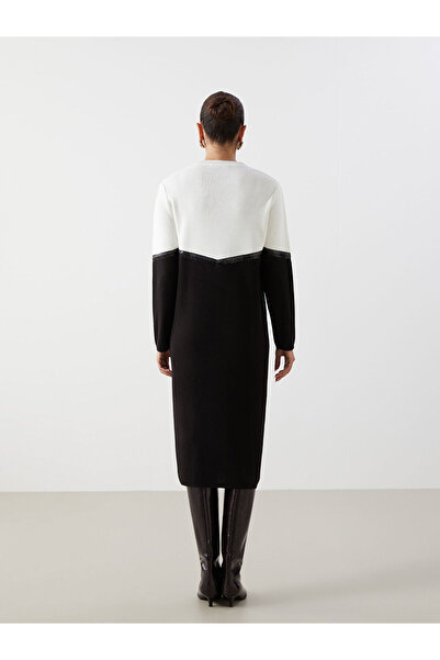 LC Waikiki Black Crew Neck Color Block Women's Knitwear Dress