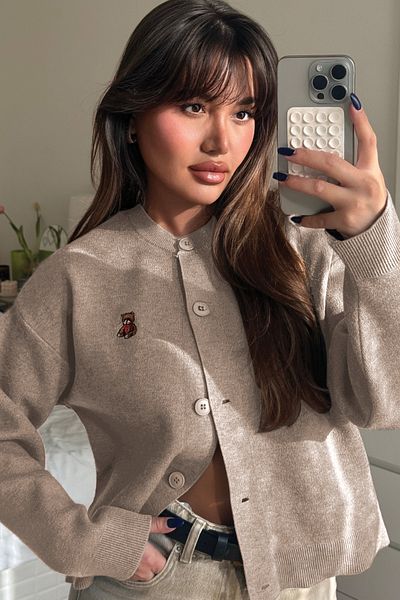 Açelya Okcu Premium Teddy Bear Embroidered Wool Blend Γυναικεία πλεκτή ζακέτα