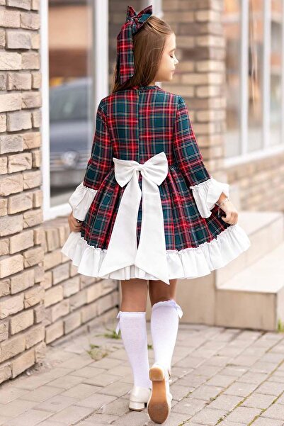 Riccotarz Girl's Colorful Plaid Print Collar Ribbon Hem Ruffled Green Dress