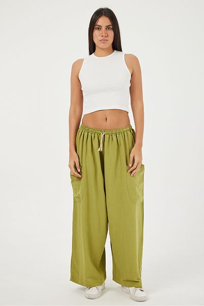 POODLE Pantaloni harem de in pentru femei cu talie elastică