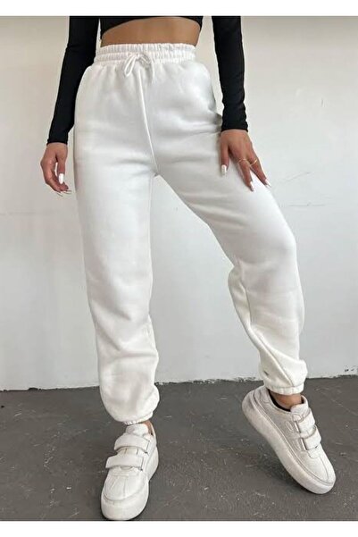 JustBS Pantaloni de trening pentru femei, alb, cu șargon, din cauciuc