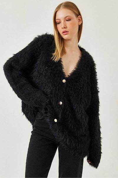 Bianco Lucci Women's V-Neck Buttoned Soft Bearded Knitwear Cardigan 241149 60261298
