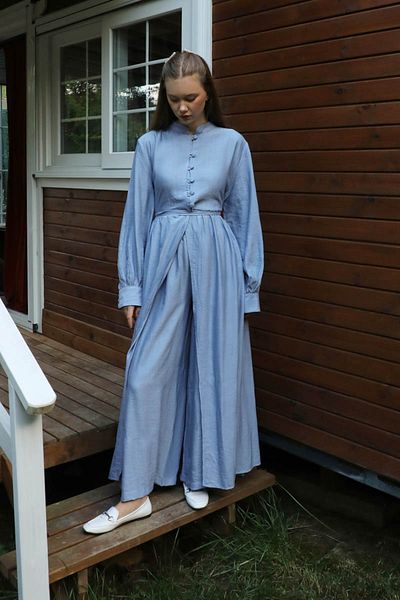 ZÜLAYS Set Abaya cu jumătate de nasture Baby Blue