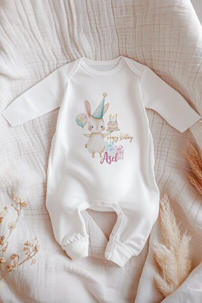 Astral Baby İsme Özel İsimli Doğum Günü Bebek Tulum Sevimli Tavşan Happy Birt...