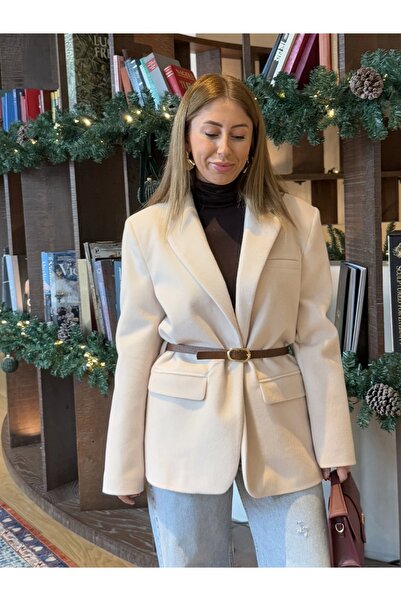 KÜBRA SÖYLEMEZ BOUTİQUE Krem Kemerli Premium Kalite Peluş Ceket