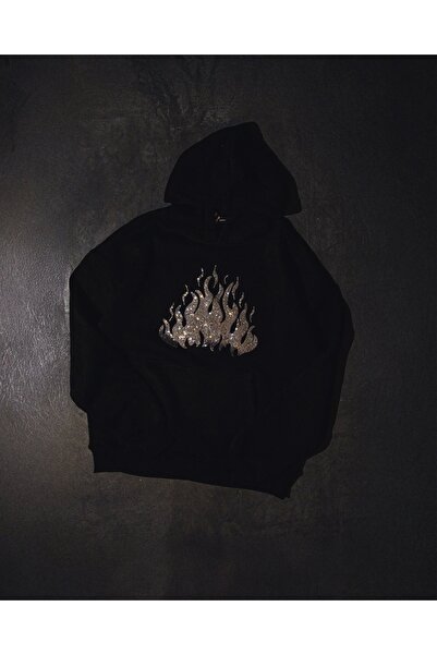 Sekizbiraltı Flame Stone Printed Oversize Unisex Μαύρο Hoodie
