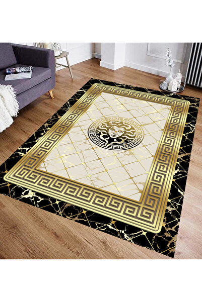 Emiroğlu Medusa Motif Gold Çizgisel Motif Süngerli , Kalın Yüzey Makinede Yıkanabilir Halı - DERİ TABAN