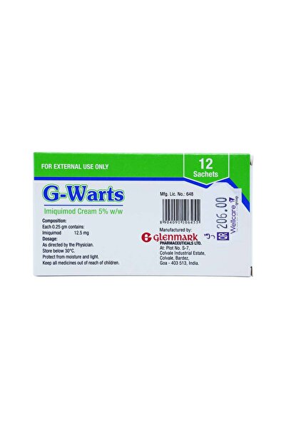 GLENMARK كريم جي-وارتس 5% 250 مجم، 12 كيسًا