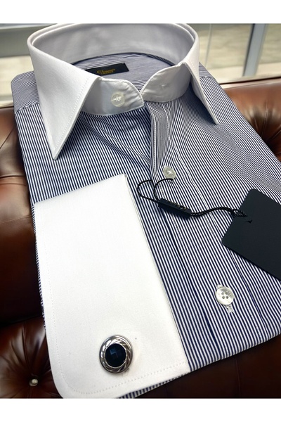 Chamis SlimFit Antrasit Çizgili Konrast Beyaz Yaka& Duble Manşet Uzun Yaka Gömlek