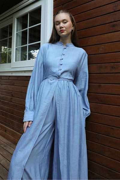 ZÜLAYS Set Abaya cu jumătate de nasture Baby Blue