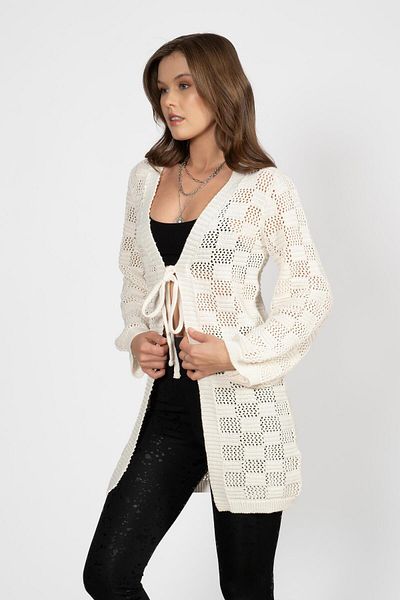RTD&VLD Ecru Women's Knitwear Cardigan - Long with Tie and Pattern