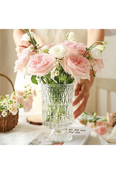 Home Zone Large Clear Pedestal Vases Crystal Glass Ribbed Footed Flower Vase (Long Rhombus Pattern)