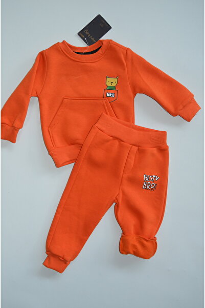 Minibey Best Bro Printed Orange Baby Suit